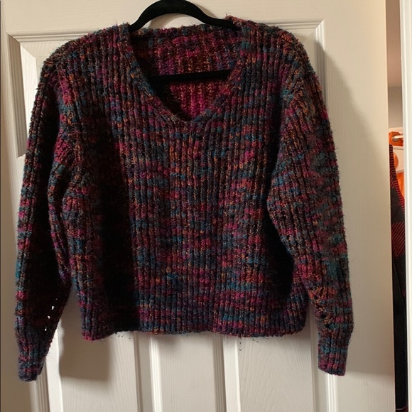 Blue and Purple V-Neck Sweater with Textured Knit - Picture 1 of 1